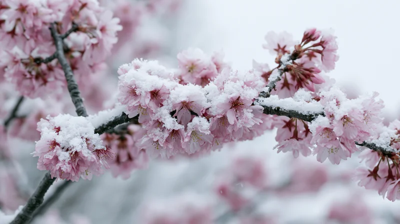 Cherry blossom branches covered in snow with pink blooms in a natural outdoor setting