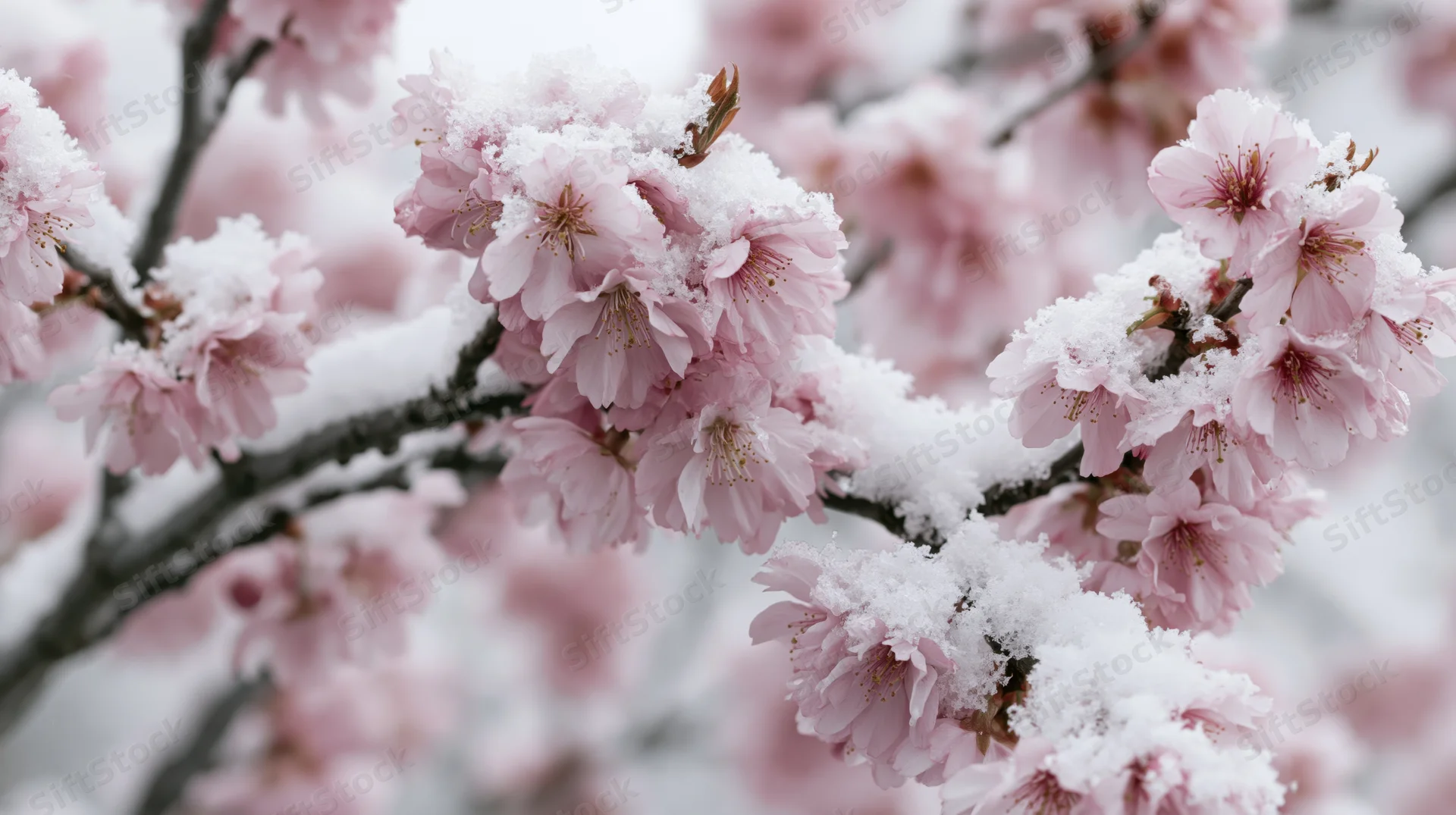 Cherry blossom branches covered in snow with pink blooms in springtime