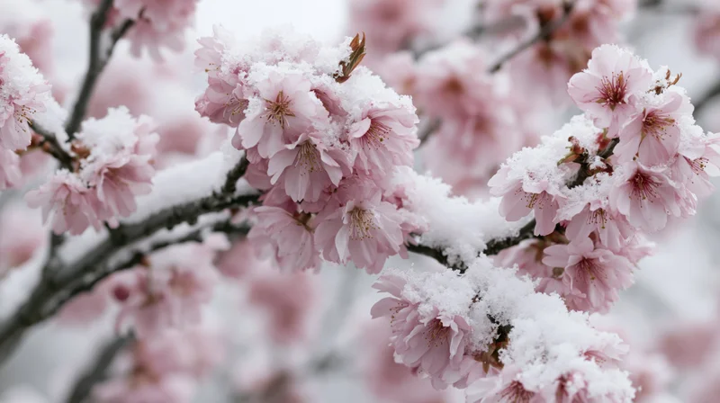 Cherry blossom branches covered in snow with pink blooms in springtime