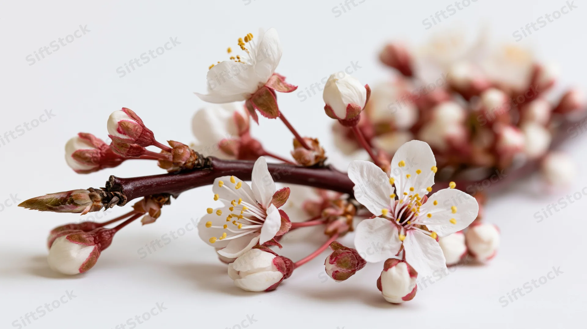 Cherry blossom branch with open white flowers and pink buds on white background