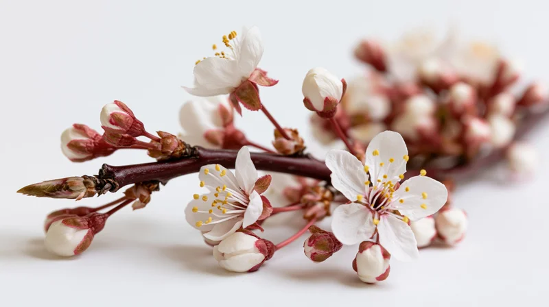 Cherry blossom branch with open white flowers and pink buds on white background