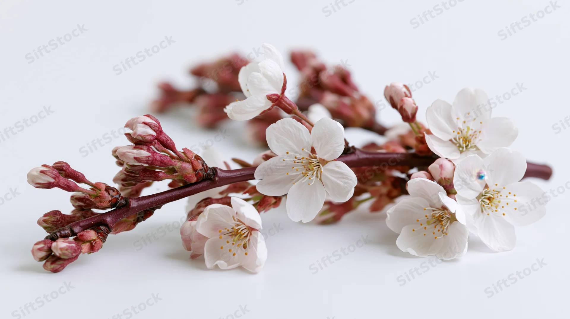 Cherry blossom branch with open white flowers and pink buds on white background