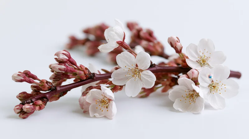 Cherry blossom branch with open white flowers and pink buds on white background