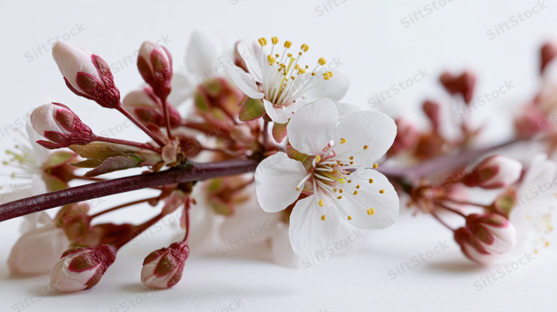 Cherry blossom branch with open white flowers and pink buds on white background