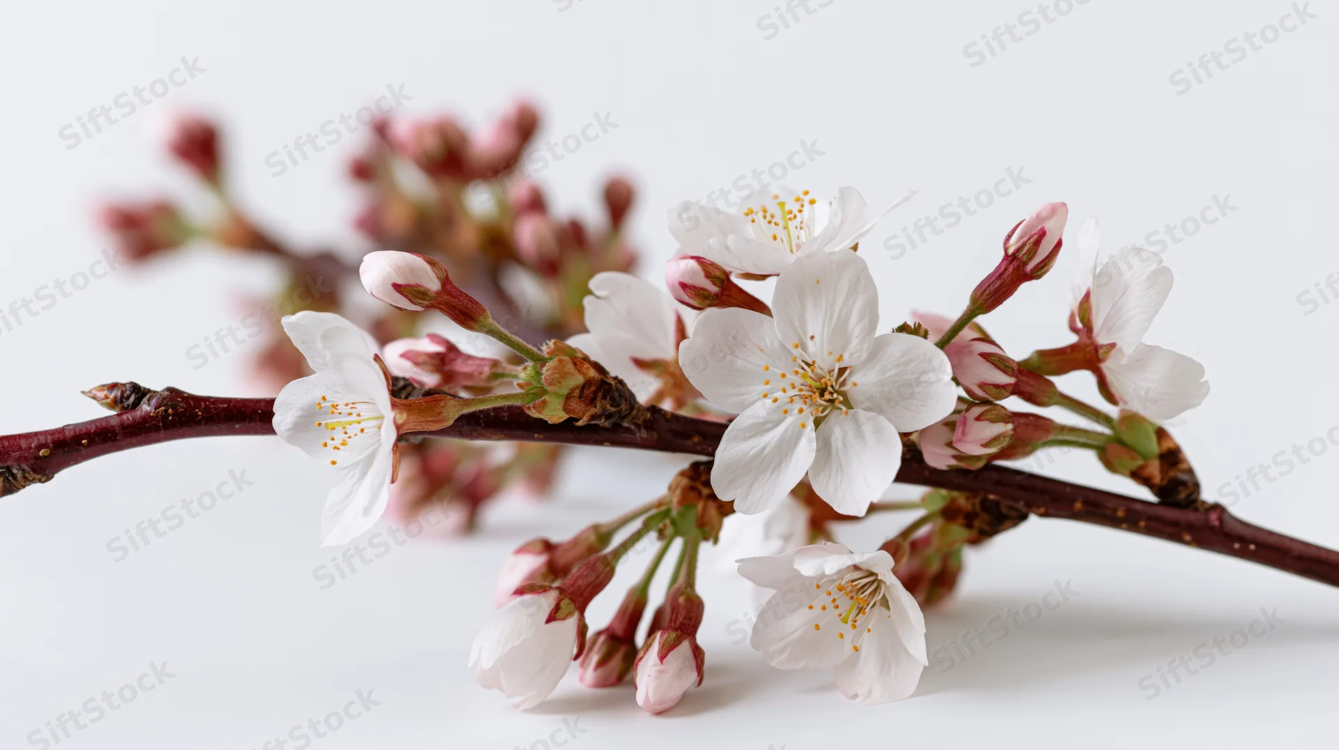 Cherry blossom branch with white flowers and pink buds on a white background