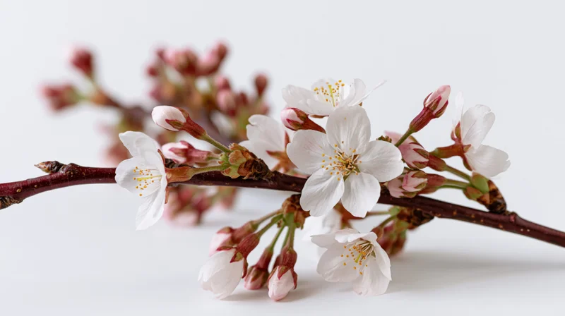 Cherry blossom branch with white flowers and pink buds on a white background