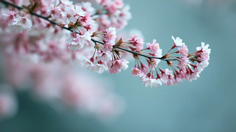 Cherry blossom branch with pink and white flowers in bloom against a soft blue background