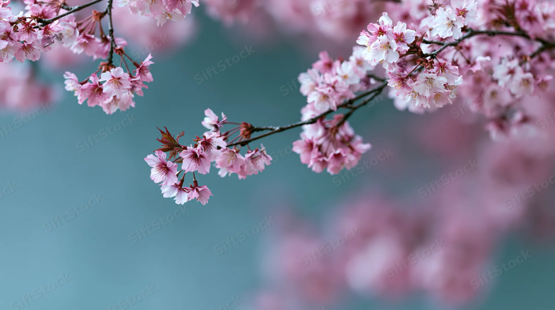 Cherry blossom branches with pink and white flowers blooming against a soft blue background