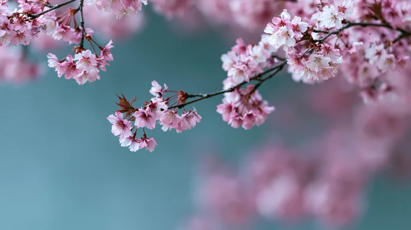 Cherry blossom branches with pink and white flowers blooming against a soft blue background