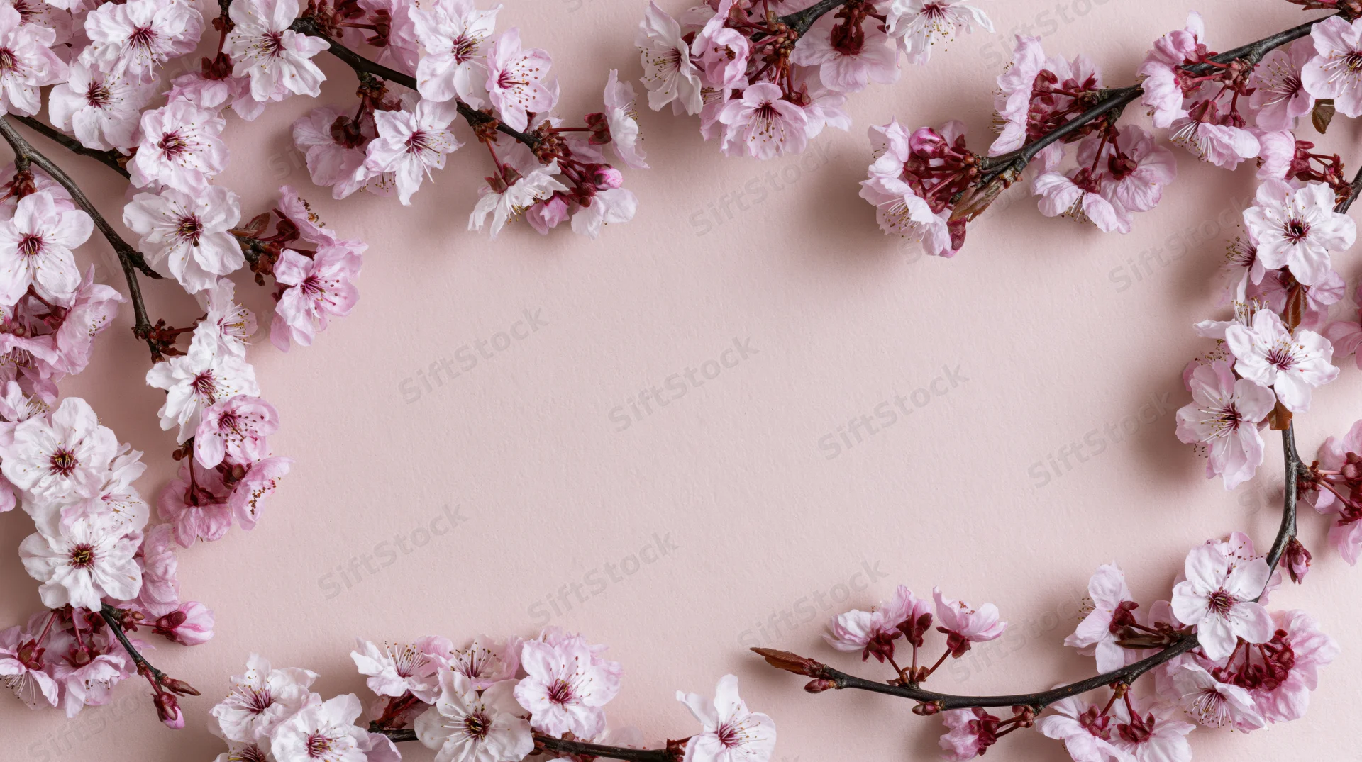 Cherry blossom branches arranged in a frame on a soft pink background with copyspace in the center