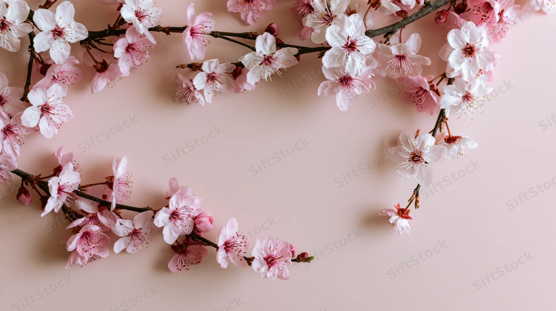 Cherry blossom branches with pink and white flowers arranged in a frame on a soft pink background