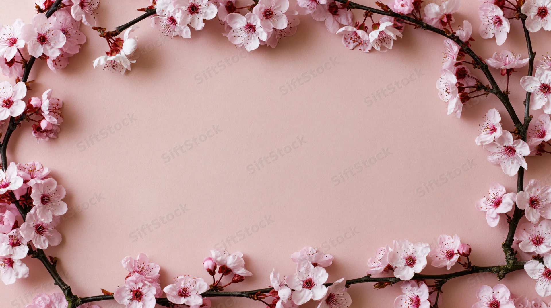 Cherry blossom branches arranged in a frame on a pink background with copyspace