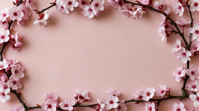 Cherry blossom branches arranged in a frame on a pink background with copyspace
