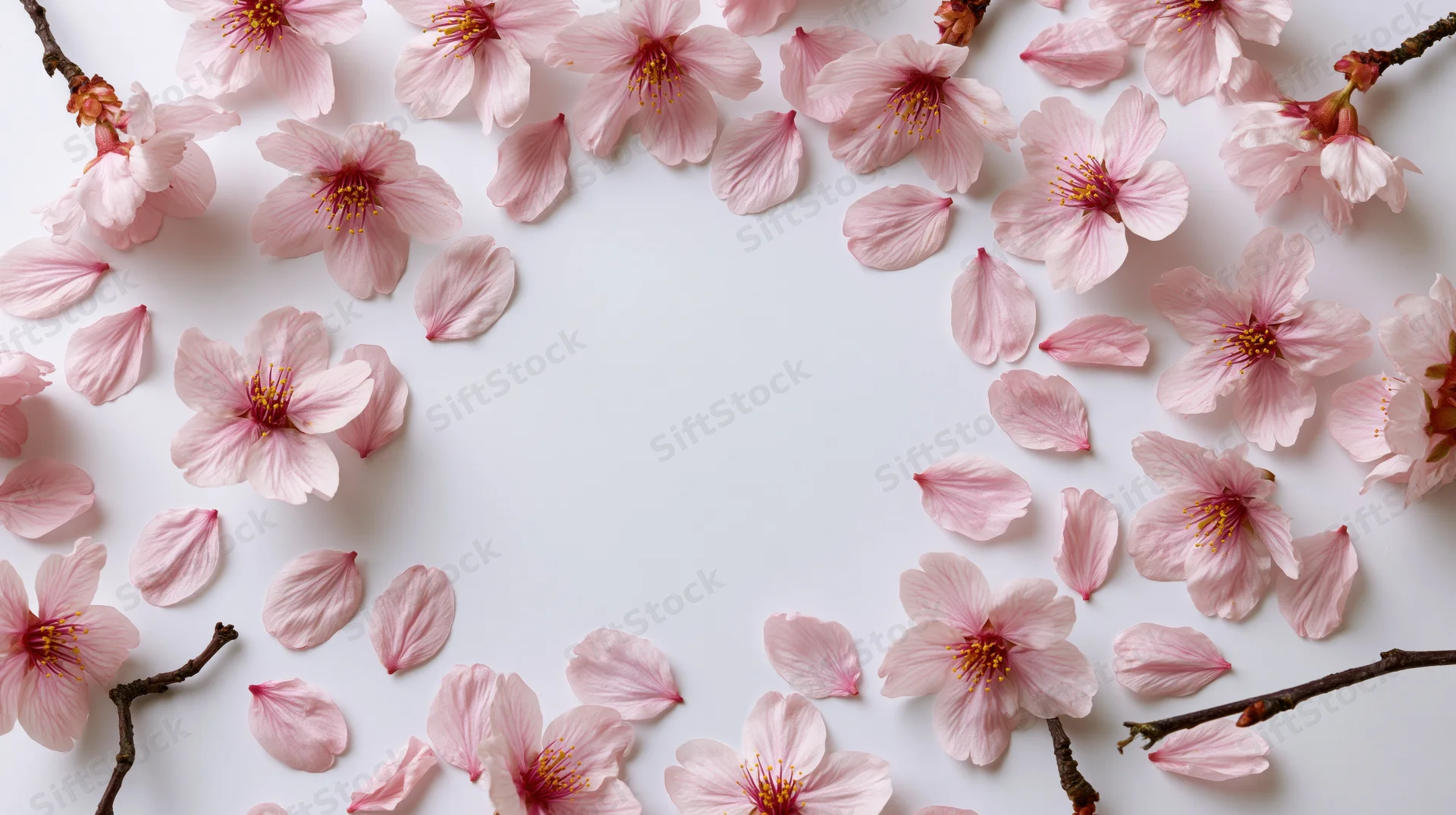 Cherry blossom flowers and petals arranged in a frame on white background with copyspace