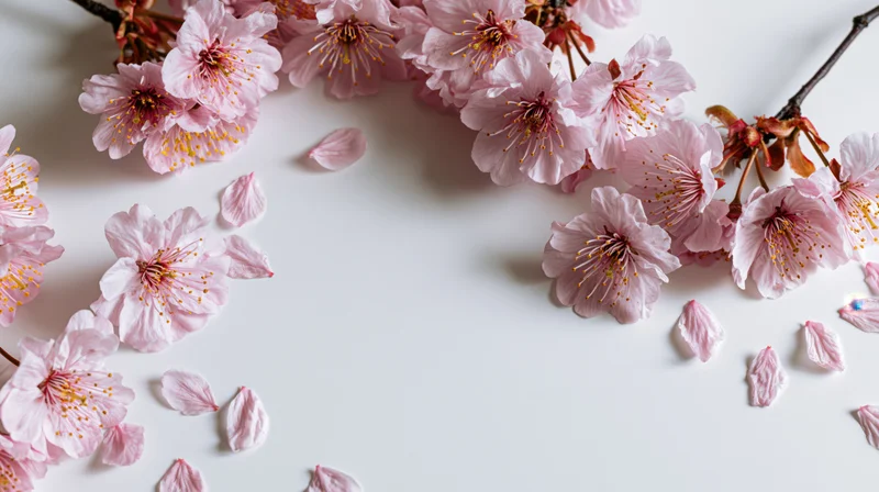 Cherry blossom flowers and petals arranged on a white surface with copyspace