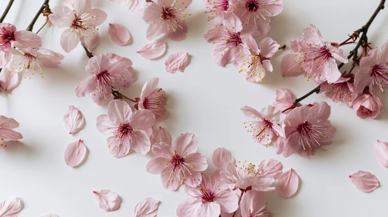 Cherry blossom flowers and loose petals arranged on a white surface in a flat lay composition