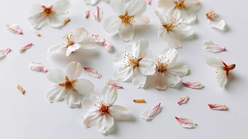 Cherry blossom flowers and petals scattered on a white surface