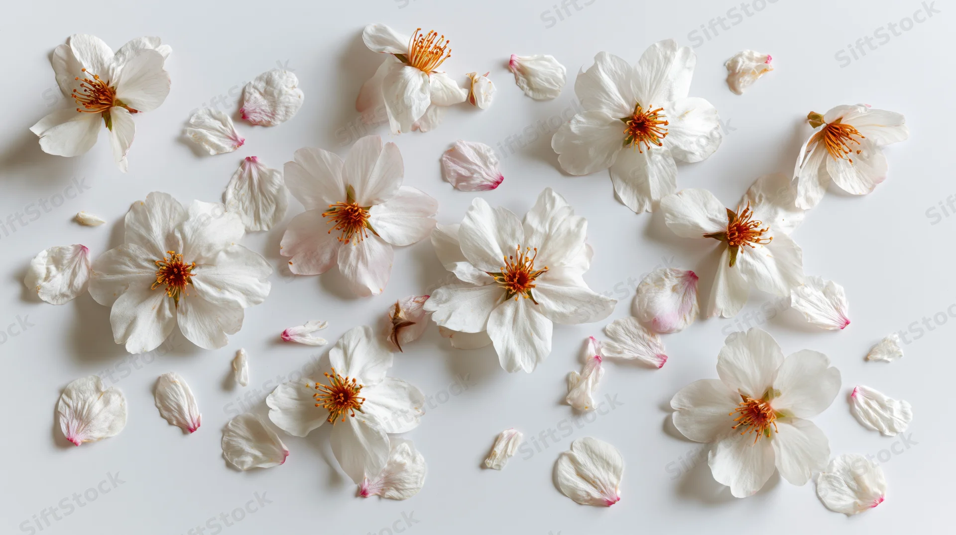 Cherry blossom flowers and petals scattered on a white surface in a flat lay arrangement