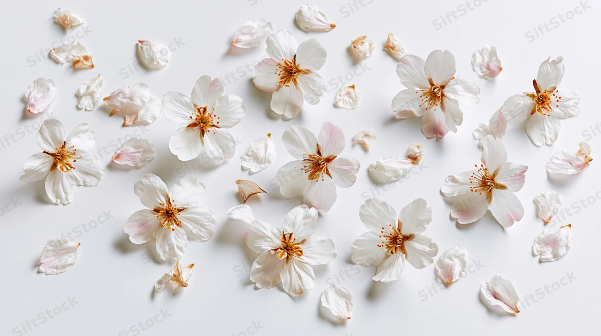 Cherry blossom flowers and petals scattered on a white surface in a flat lay composition
