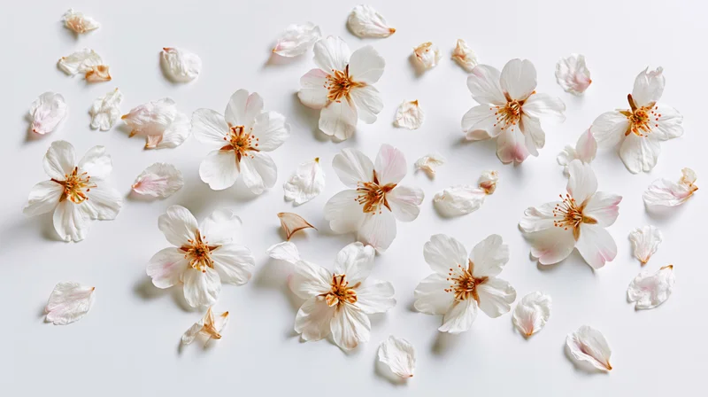 Cherry blossom flowers and petals scattered on a white surface in a flat lay composition