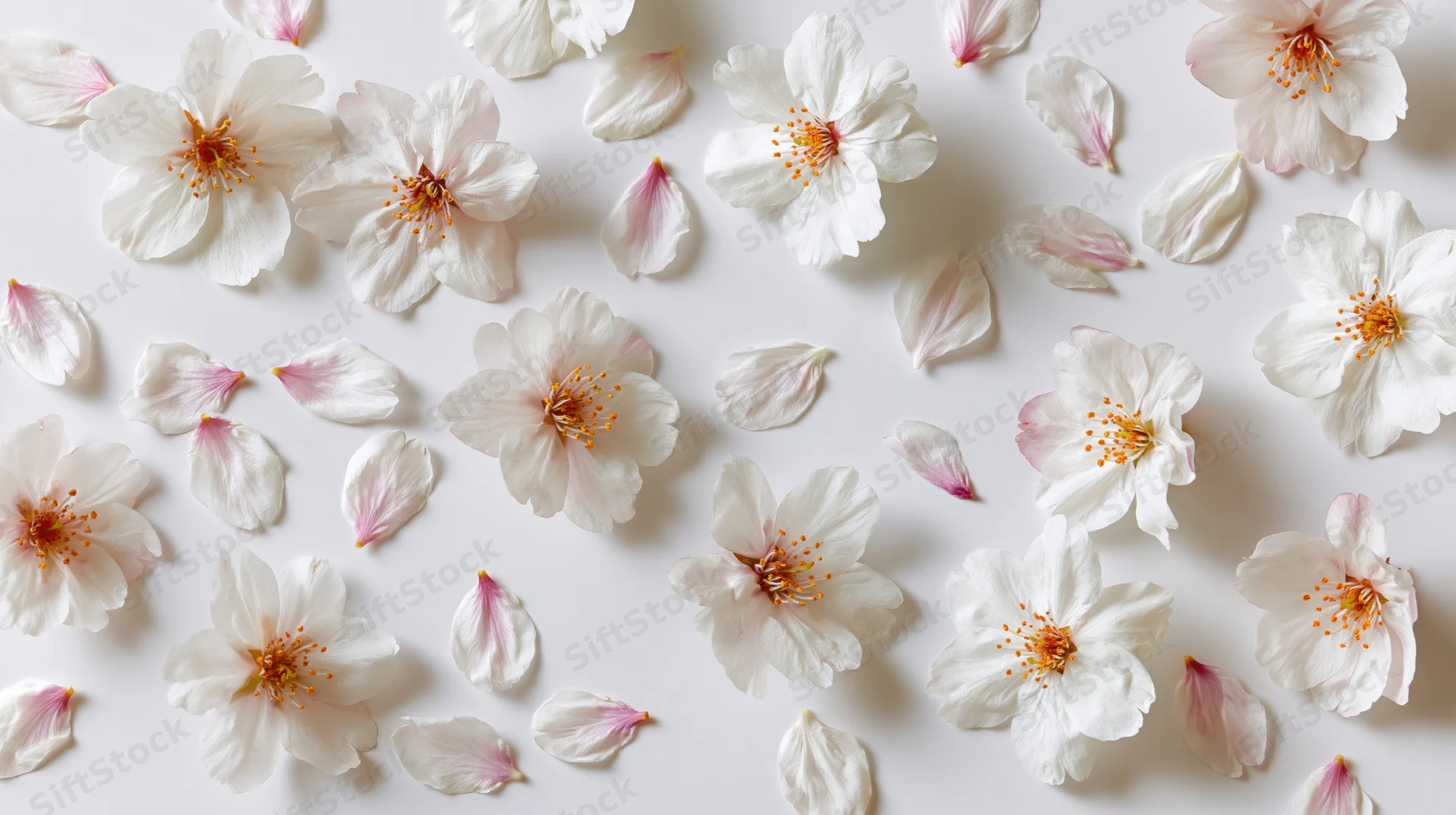 Cherry blossom flowers and petals scattered on a white surface in a flat lay arrangement