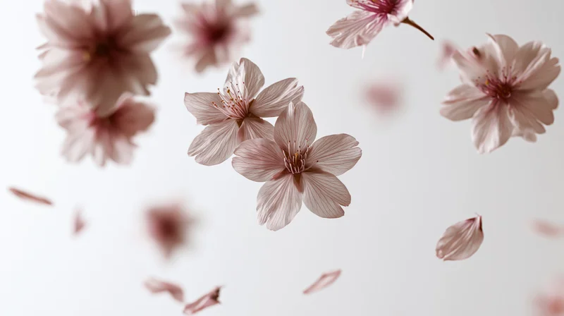 Cherry blossom flowers and petals floating mid-air against a white background
