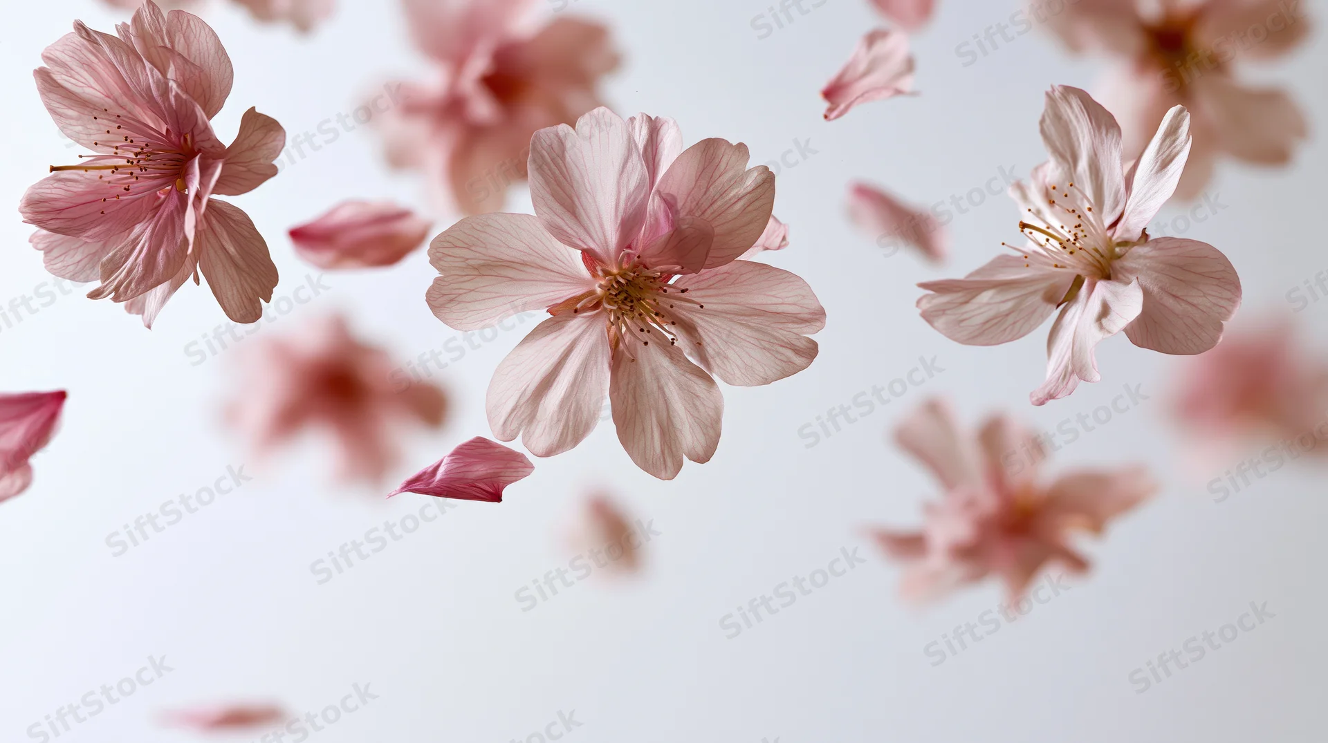 Cherry blossom flowers and petals floating mid-air against a white background