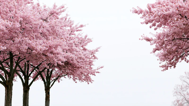 Cherry blossom trees in full bloom framing a white sky with copyspace in center