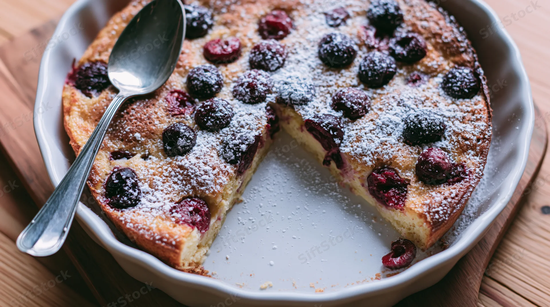 Cherry clafoutis with one slice removed in a white ceramic baking dish on a wooden board