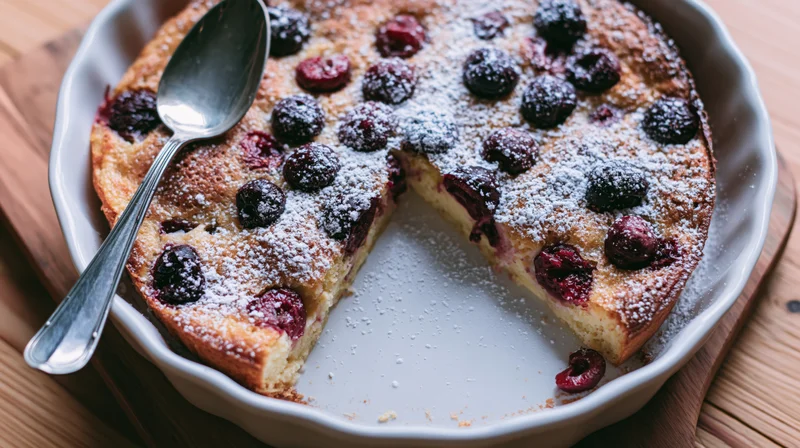 Cherry clafoutis with one slice removed in a white ceramic baking dish on a wooden board