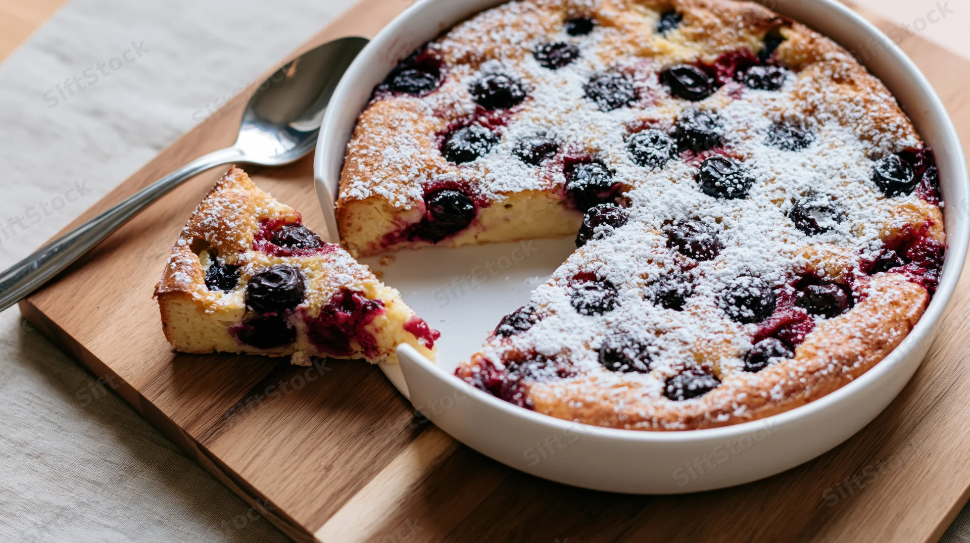 Cherry clafoutis in white ceramic dish with one slice removed, on wooden cutting board with spoon
