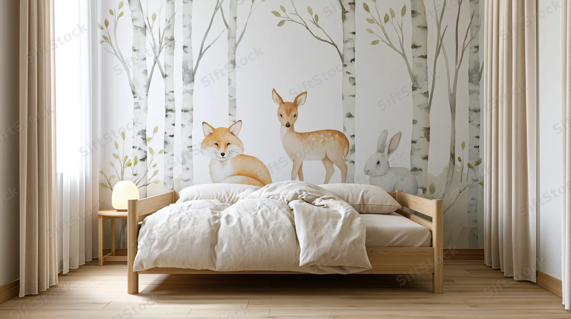 Childs bedroom interior with a wooden bed dressed in linens
