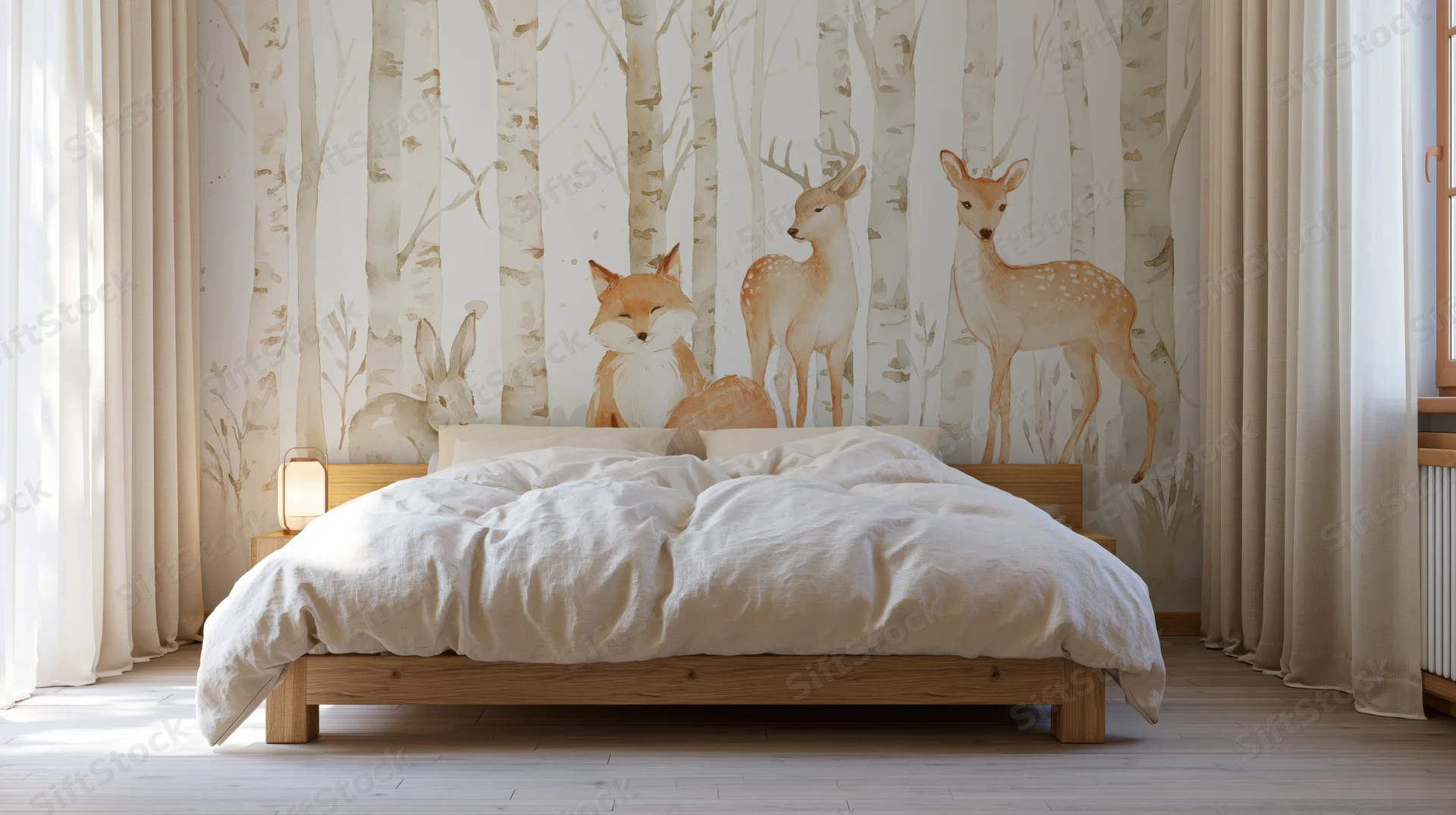 Wooden bed with white bedding in a childrens bedroom featuring forest mural wallpaper