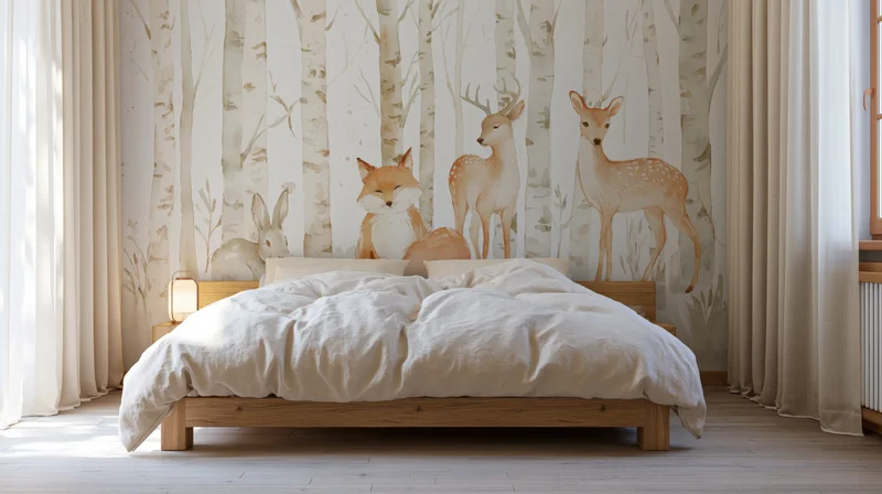 Wooden bed with white bedding in a childrens bedroom featuring forest mural wallpaper