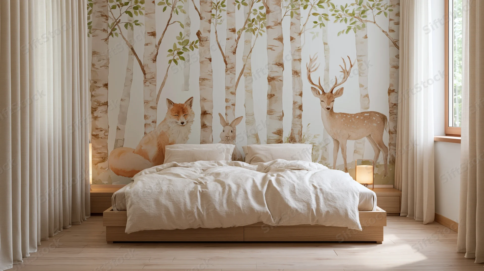 Low wooden bed with soft white bedding in a child's bedroom featuring a forest mural with deer, fox, and rabbit