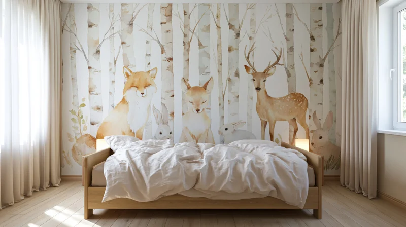 Childrens bedroom with forest wall mural featuring deer, fox, and rabbits behind a low wooden bed with soft white bedding