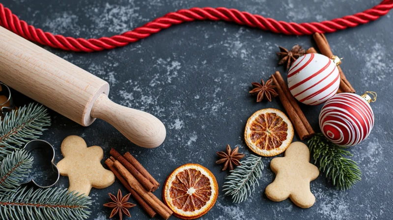 Gingerbread cookies and baking tools arranged with christmas ornaments and spices on dark surface