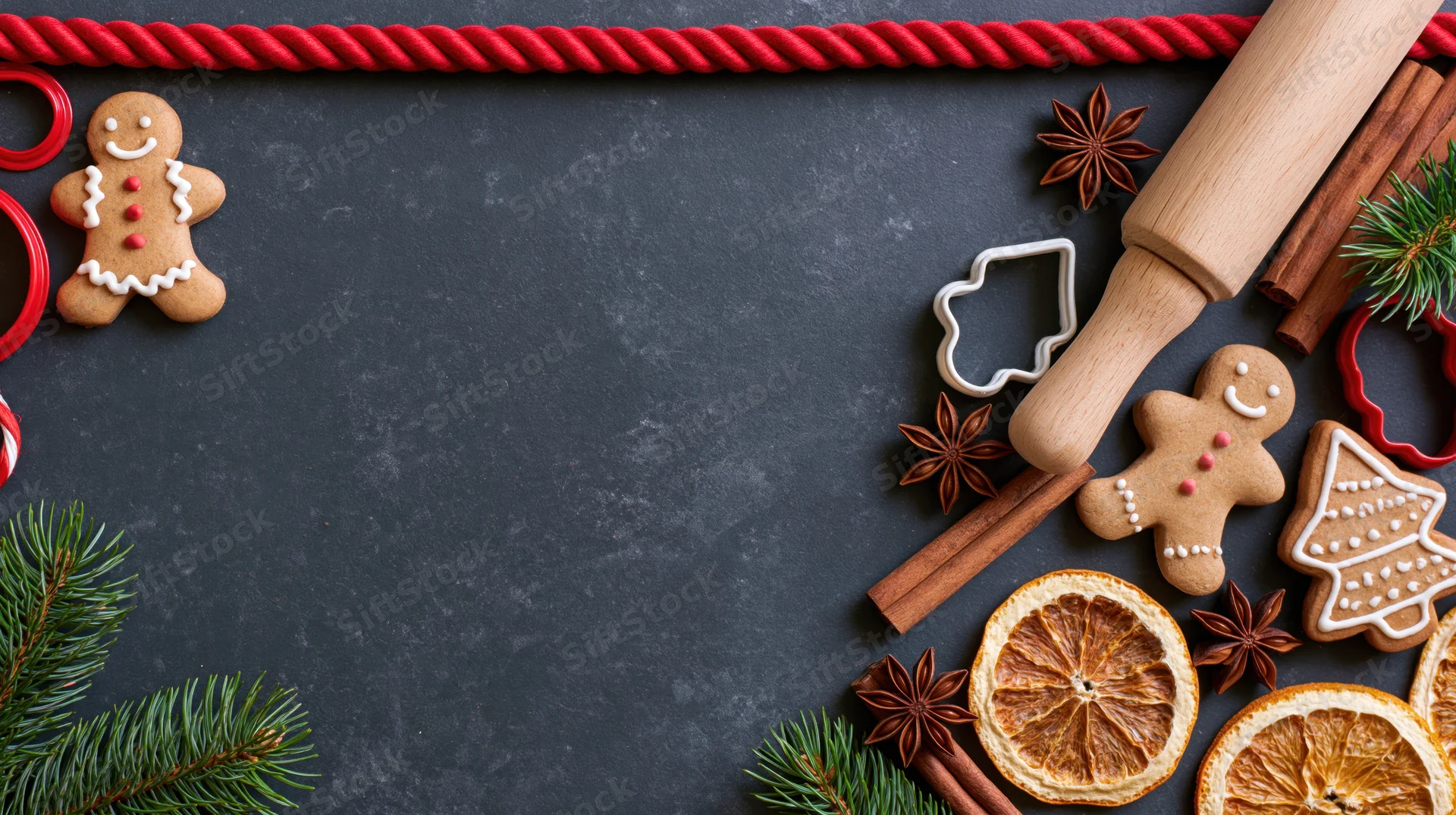 Gingerbread cookies and baking tools arranged around dark surface with copyspace for holiday baking theme