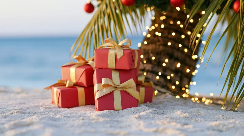 Red wrapped gifts with gold ribbons on sandy beach beside a palm tree decorated with lights and ornaments