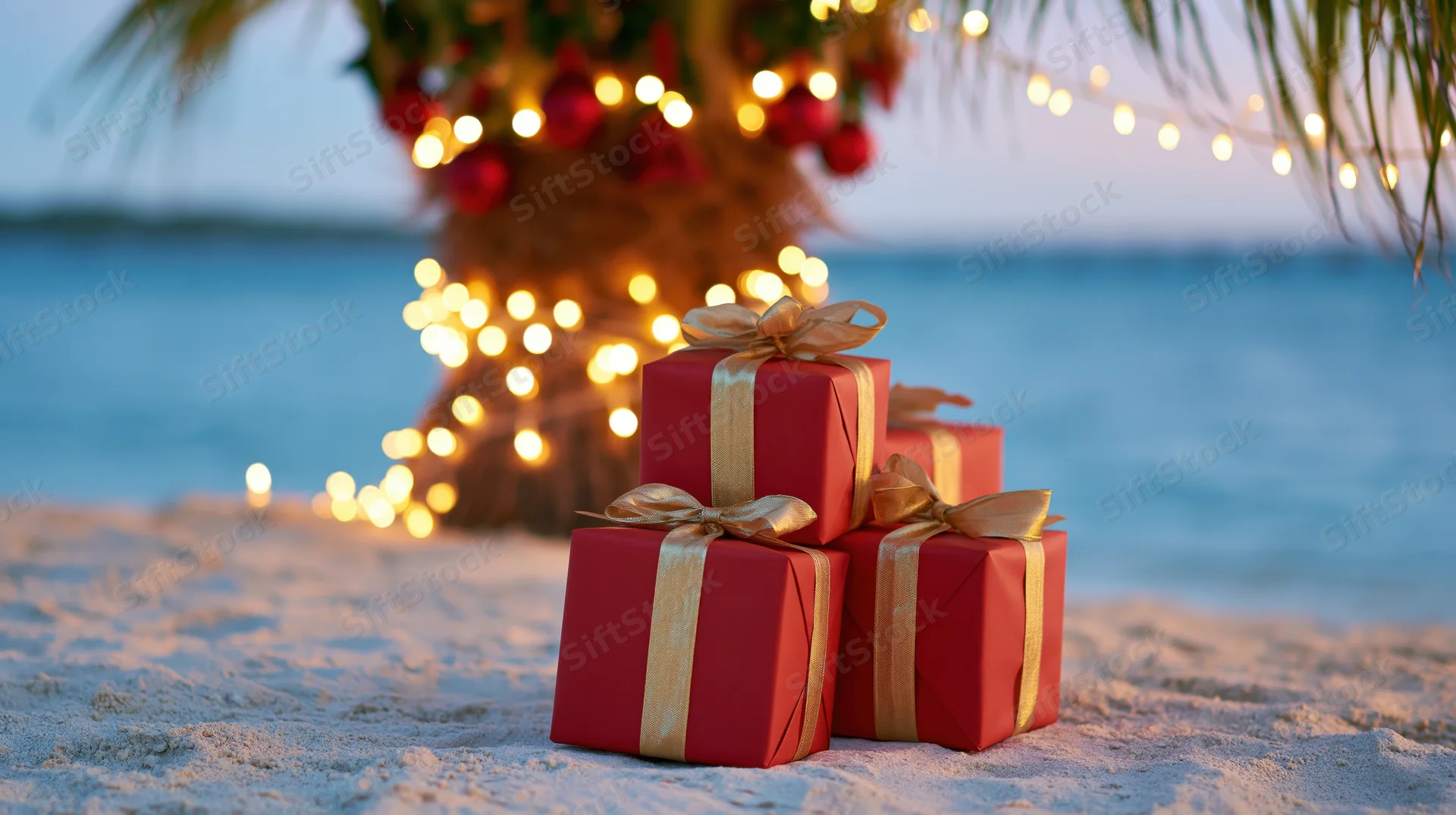 Christmas gifts wrapped in red paper with gold ribbon bows on sandy beach at twilight under palm tree with string lights