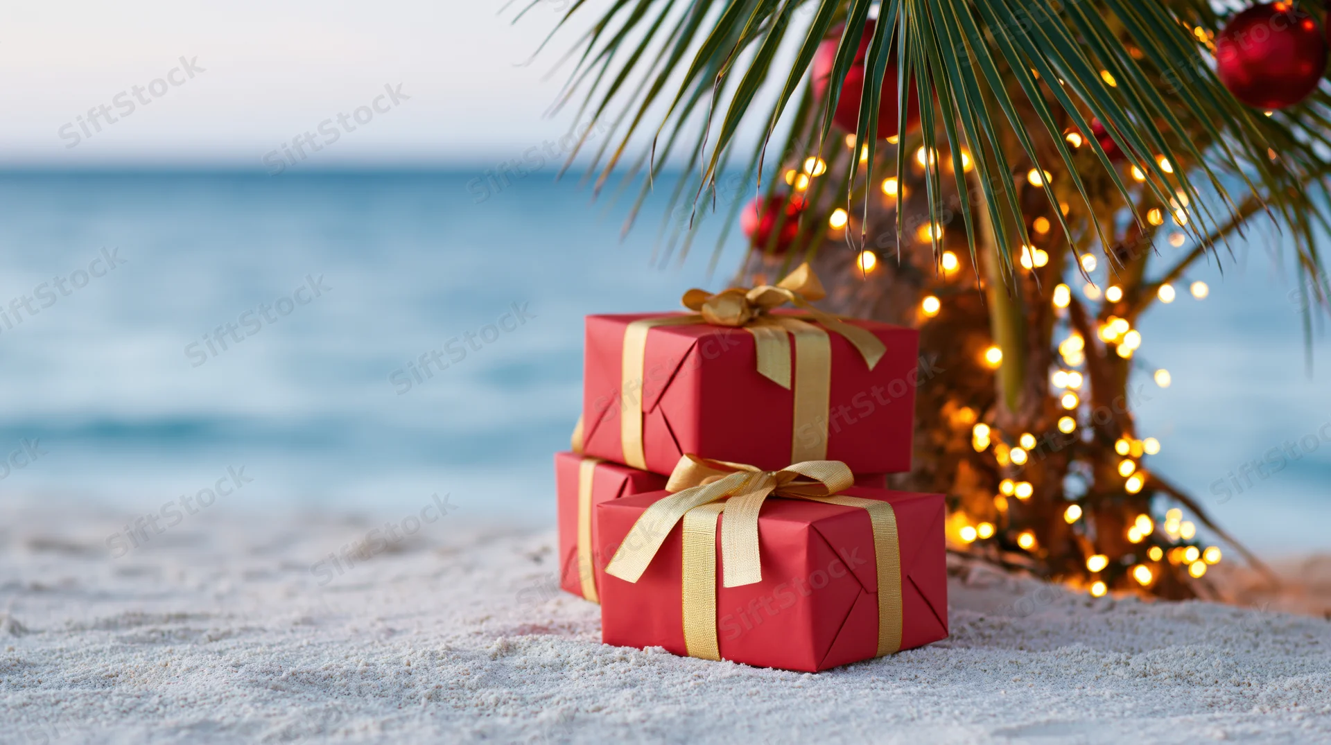 Red wrapped gifts with gold ribbons on sandy beach beside a palm tree decorated with string lights and ornaments, ocean in background