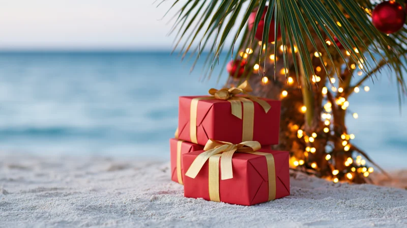 Red wrapped gifts with gold ribbons on sandy beach beside a palm tree decorated with string lights and ornaments, ocean in background