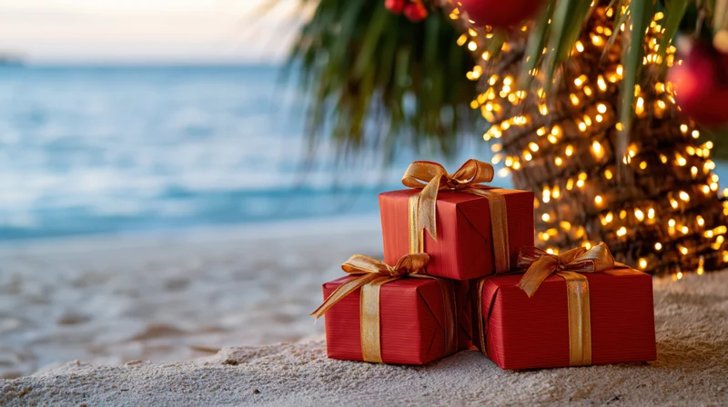 Red wrapped gifts with gold ribbons on sandy beach near decorated palm tree by ocean
