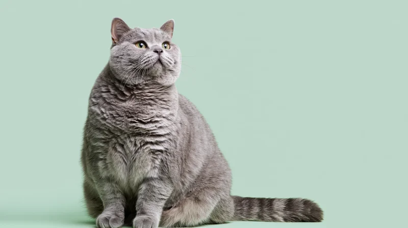 Chubby grey british shorthair cat sitting upright and looking upward against mint green background