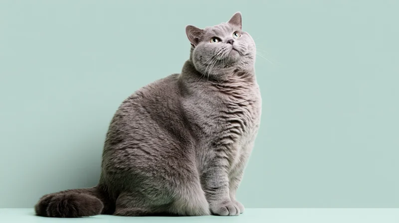 Chubby grey british shorthair cat sitting upright and looking upward against mint green background