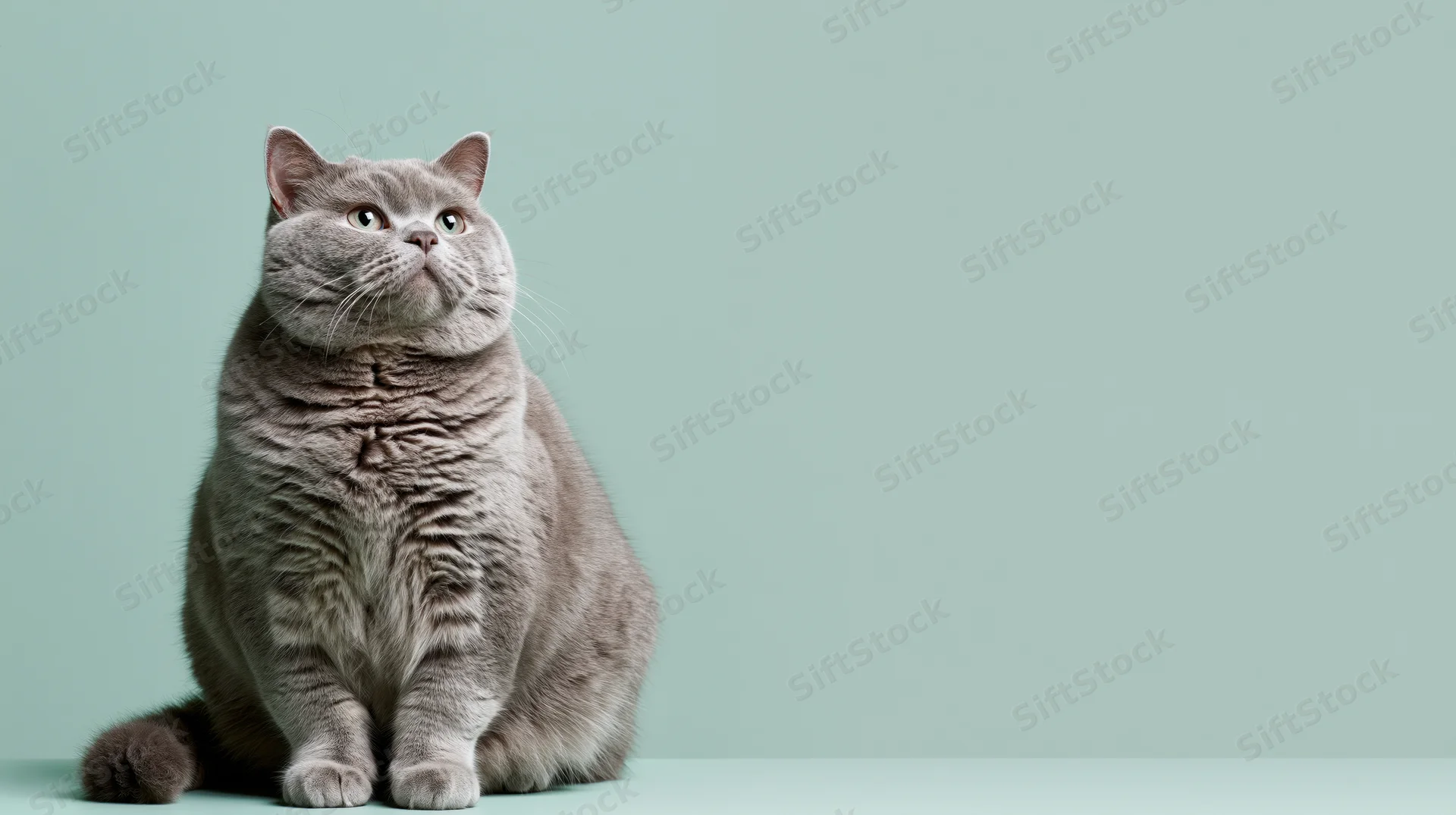Chubby grey british shorthair cat sitting upright and looking upward against a mint green background