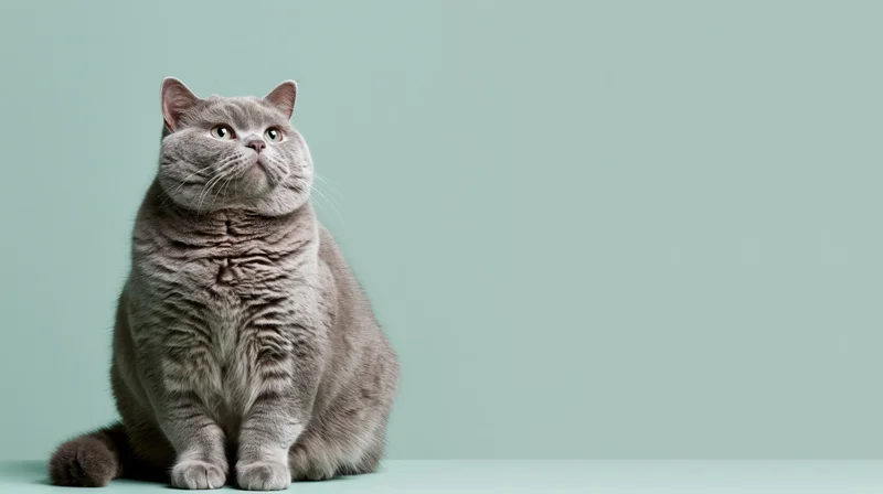 Chubby grey british shorthair cat sitting upright and looking upward against a mint green background