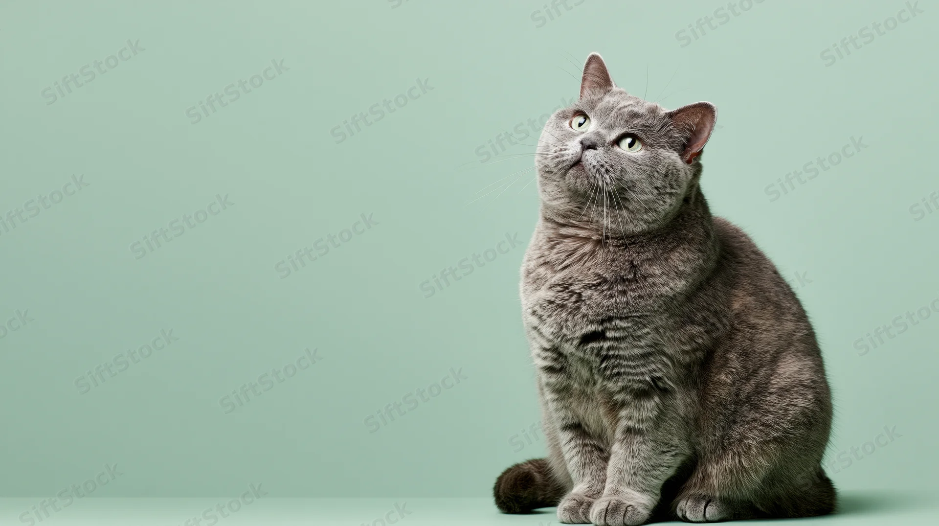 Chubby grey british shorthair cat sitting upright and looking upward against mint green background