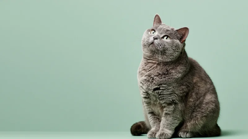 Chubby grey british shorthair cat sitting upright and looking upward against mint green background
