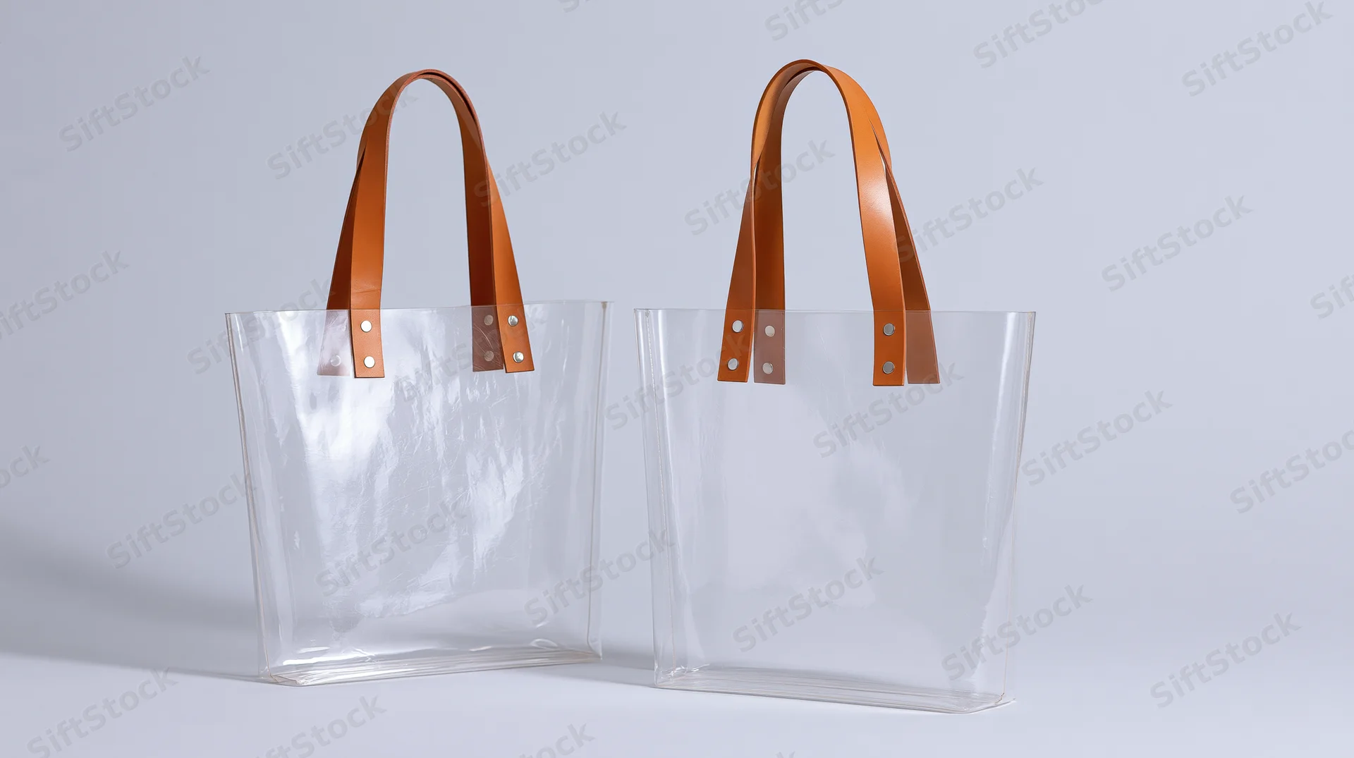 Two clear pvc tote bags with tan leather handles standing upright on white surface